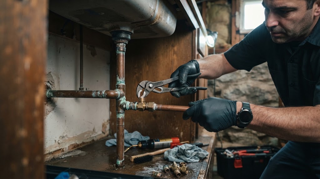 Corroded copper pipe joint in Lawrence residential plumbing