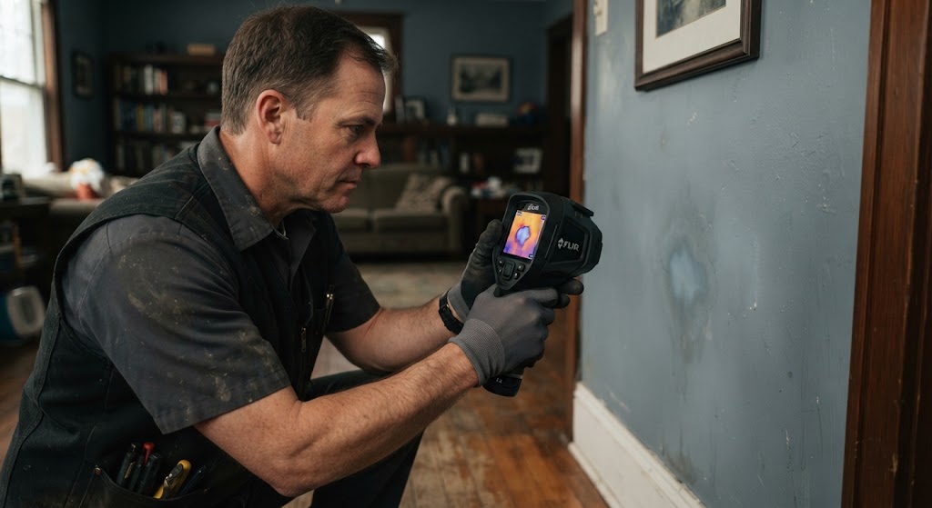 Electronic water leak detection Lawrence NJ technician testing wall moisture