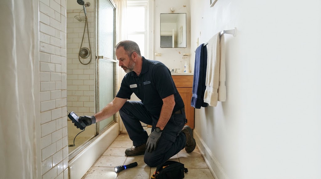 Non-invasive moisture meter scanning wall in Lawrence home